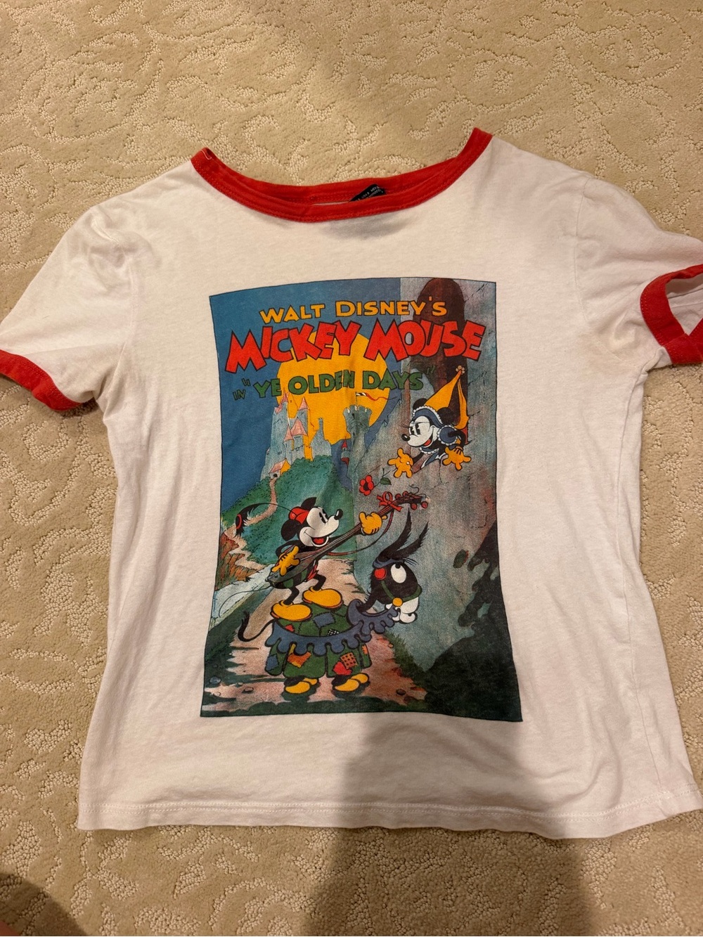 Vintage and rare Zara White Mickey Mouse Graphic Tee with Red Trim